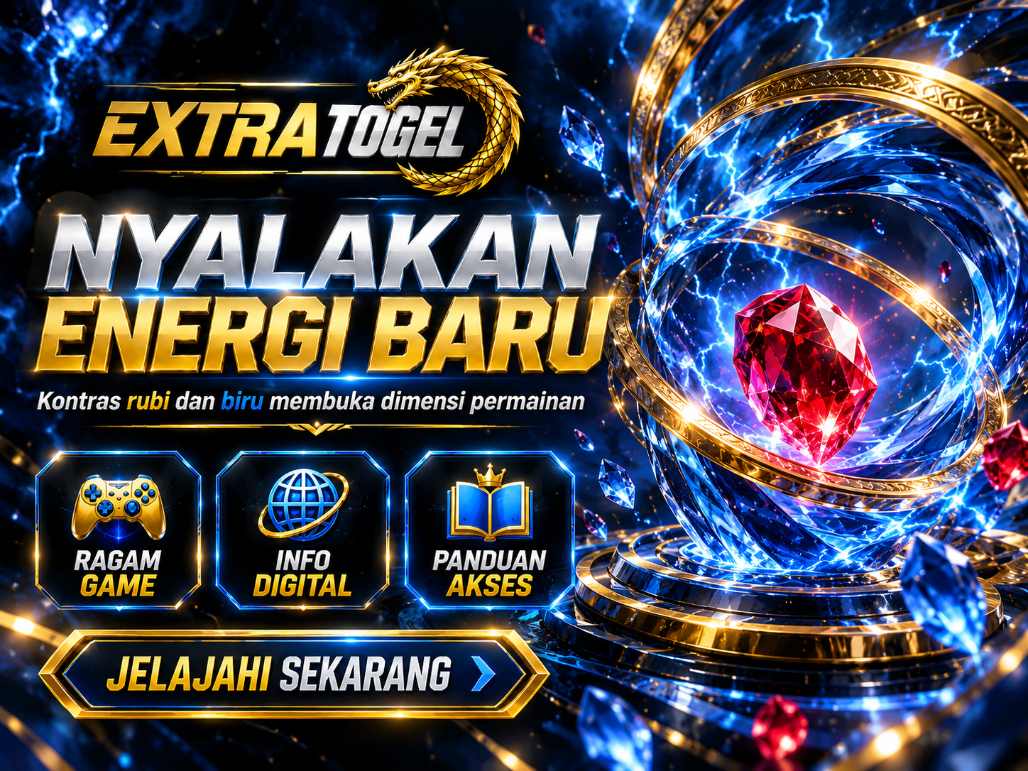 Banner EXTRATOGEL dengan kristal rubi merah di pusaran kaca biru dan cincin emas